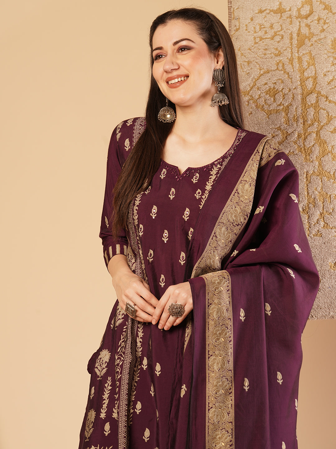 Ethnic Floral Printed Straight Kurta with Pant & Dupatta - Purple