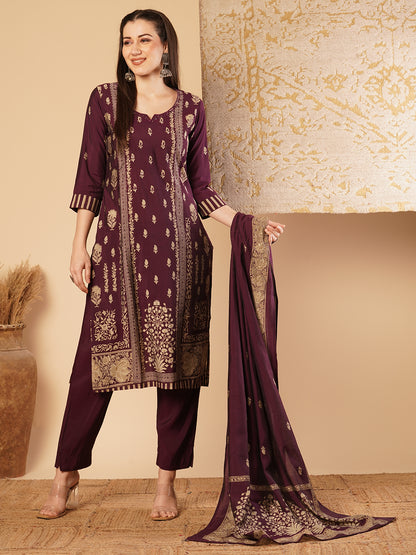 Ethnic Floral Printed Straight Kurta with Pant & Dupatta - Purple