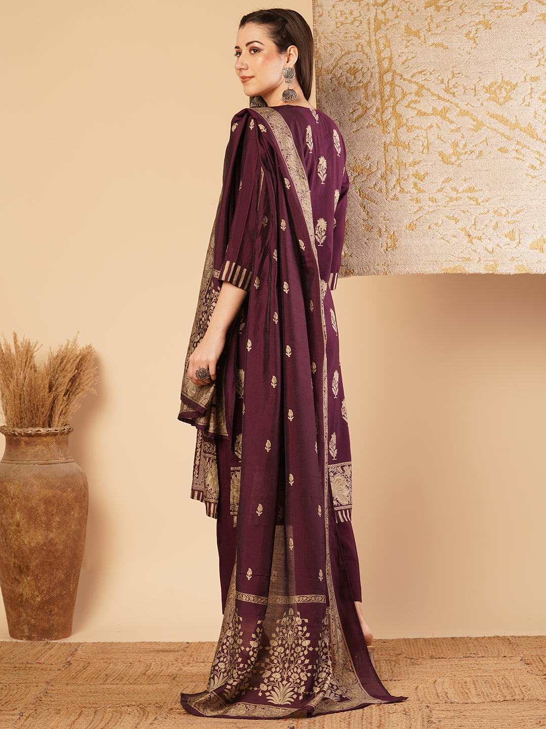 Ethnic Floral Printed Straight Kurta with Pant & Dupatta - Purple