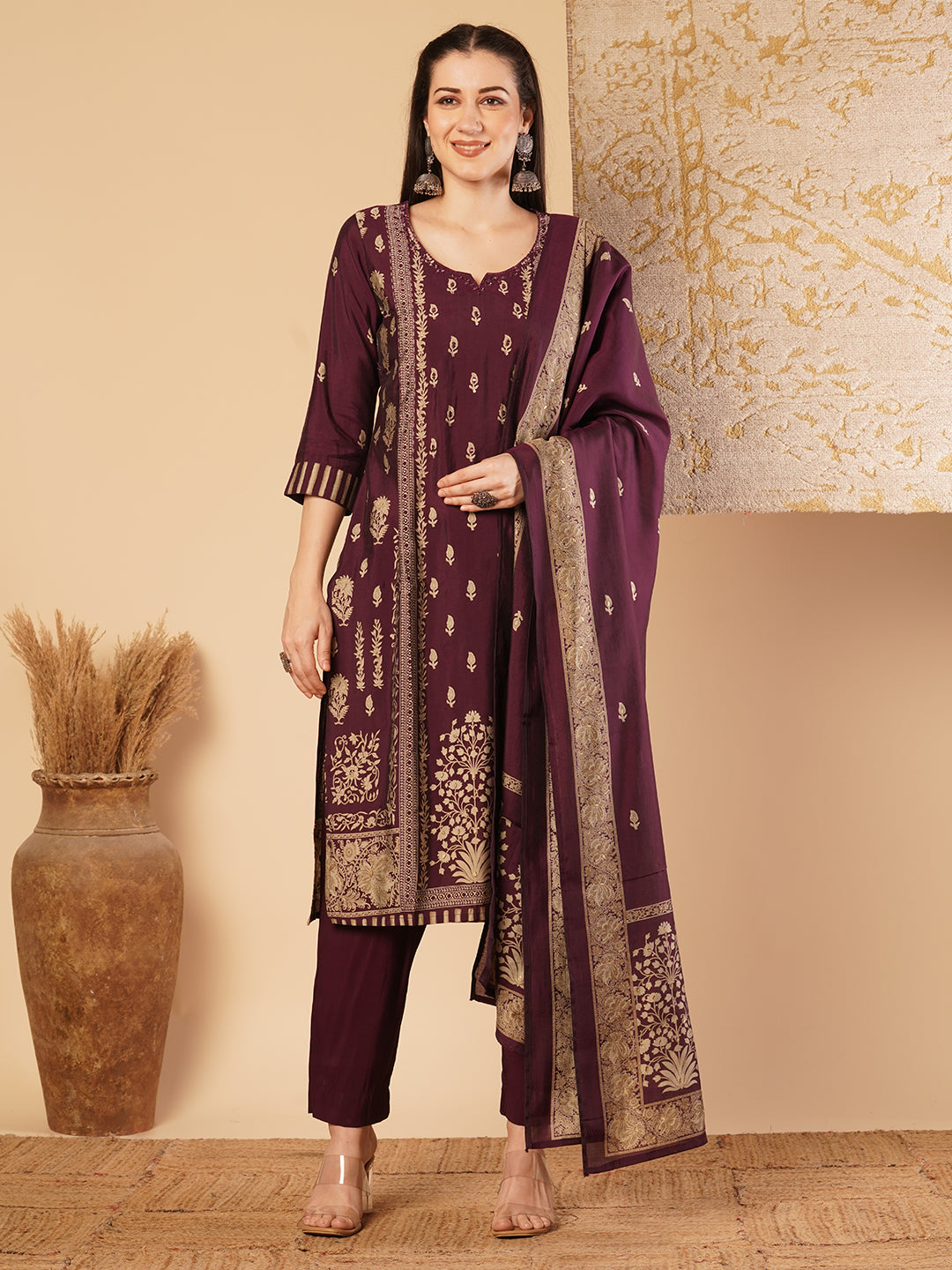 Ethnic Floral Printed Straight Kurta with Pant & Dupatta - Purple