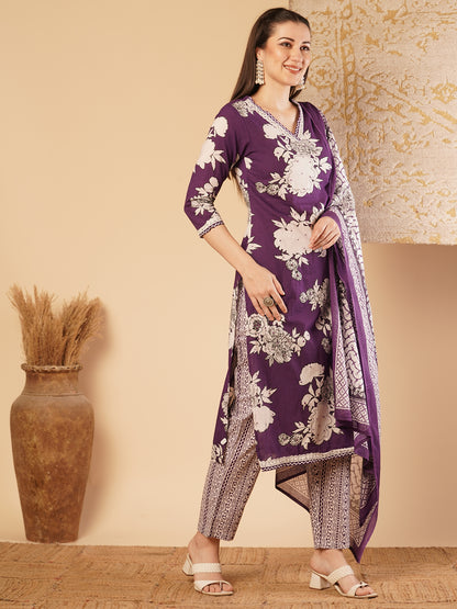 Abstract Floral Printed & Embroidered Straight Kurta with Palazzo & Dupatta - Purple