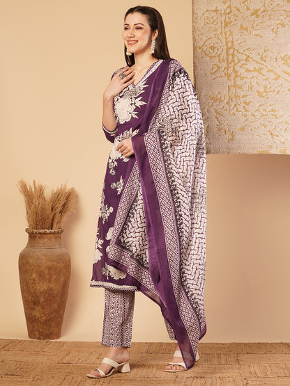 Abstract Floral Printed & Embroidered Straight Kurta with Palazzo & Dupatta - Purple