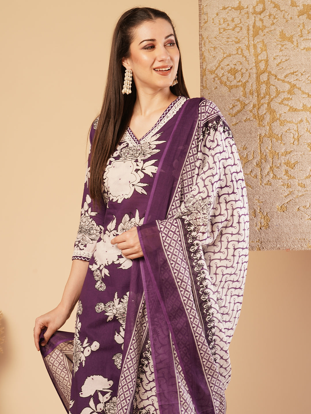 Abstract Floral Printed & Embroidered Straight Kurta with Palazzo & Dupatta - Purple