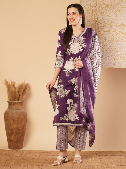 Abstract Floral Printed & Embroidered Straight Kurta with Palazzo & Dupatta - Purple