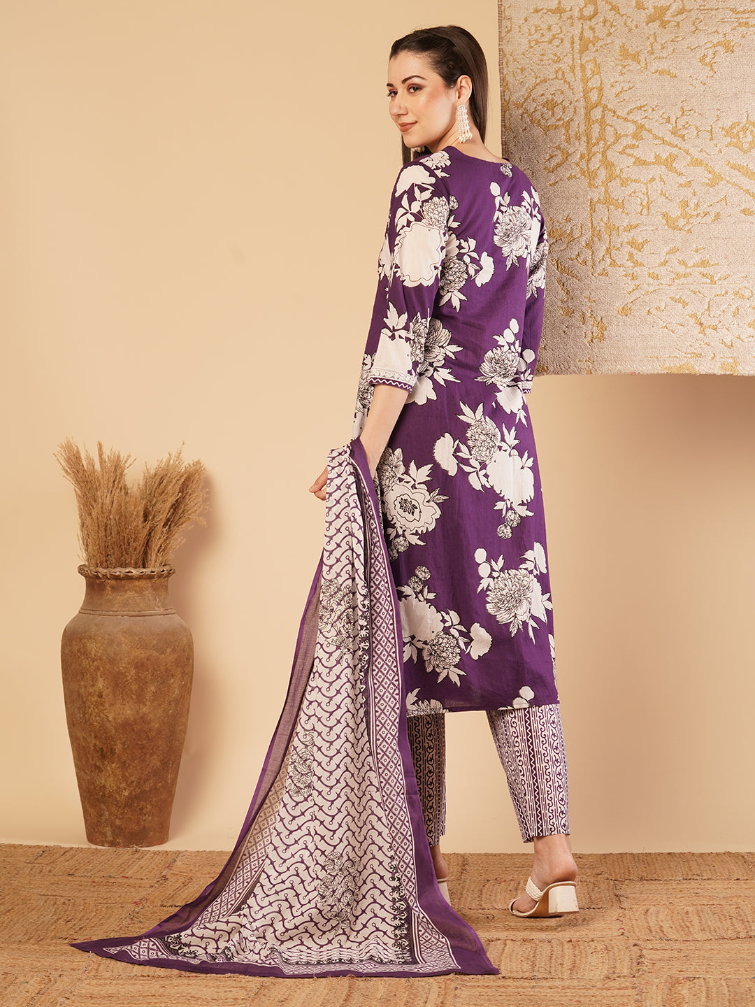 Abstract Floral Printed & Embroidered Straight Kurta with Palazzo & Dupatta - Purple