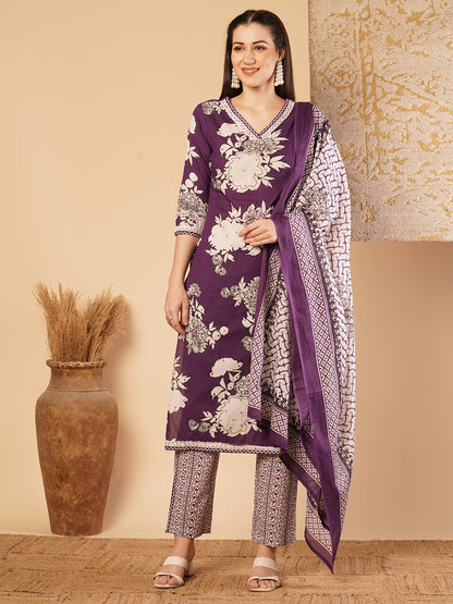 Abstract Floral Printed & Embroidered Straight Kurta with Palazzo & Dupatta - Purple