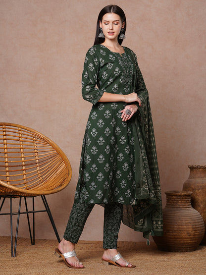 Ethnic & Floral Printed & Embroidered Straight Kurta with Pant & Dupatta - Green