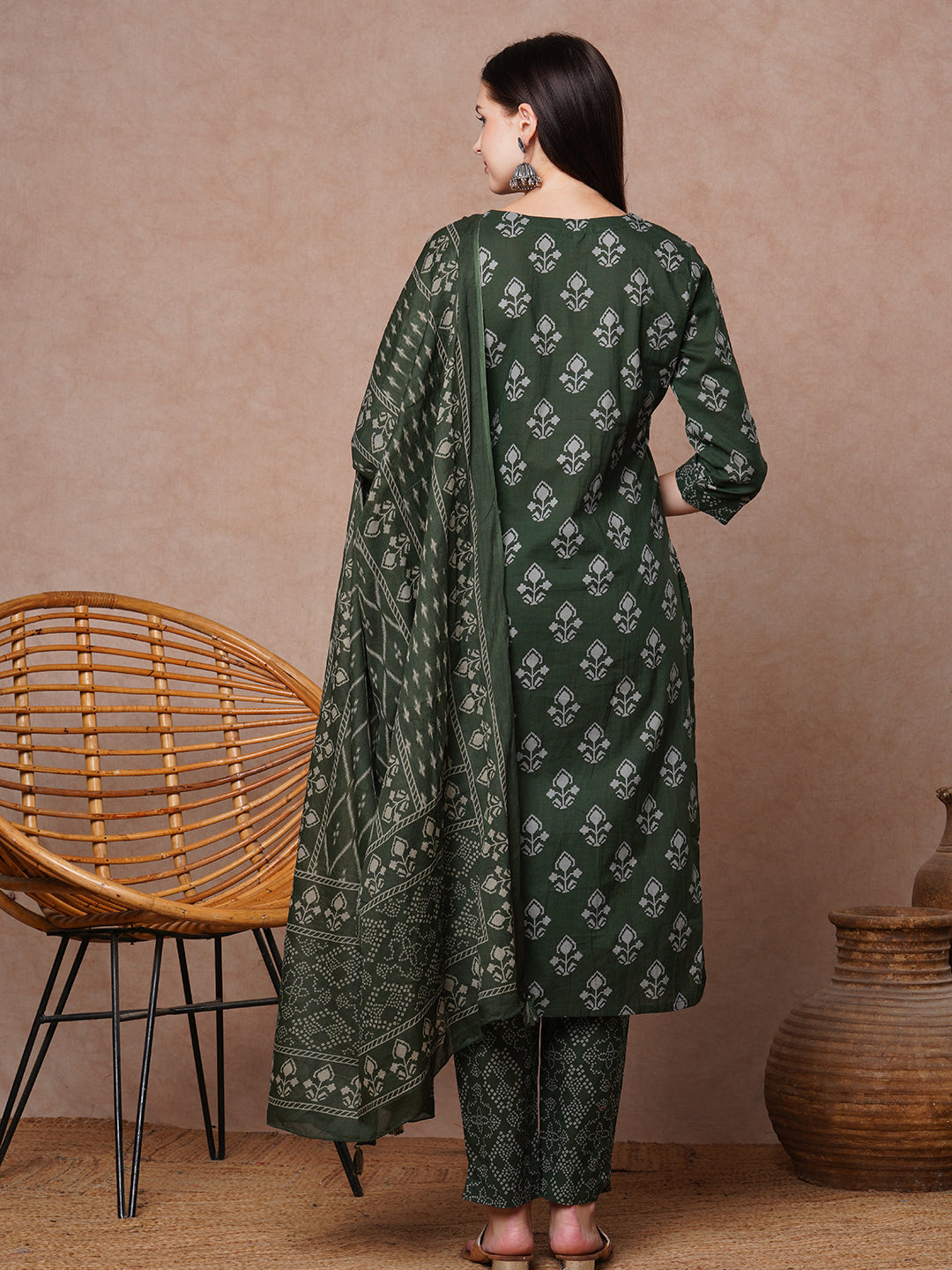 Ethnic & Floral Printed & Embroidered Straight Kurta with Pant & Dupatta - Green