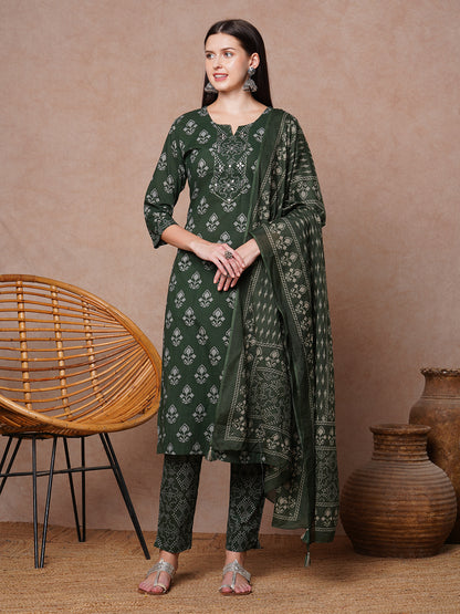 Ethnic & Floral Printed & Embroidered Straight Kurta with Pant & Dupatta - Green