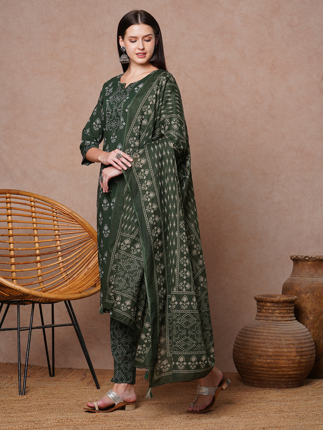 Ethnic & Floral Printed & Embroidered Straight Kurta with Pant & Dupatta - Green