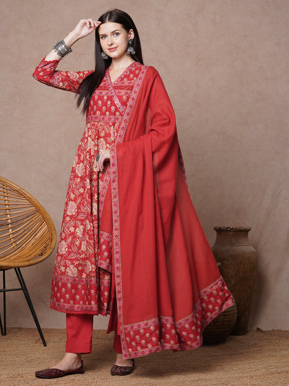 Ethnic Floral Printed & Embroidered Anarkali & Kurta with Pant & Dupatta - Red