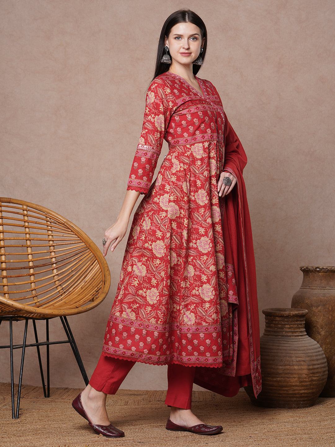 Ethnic Floral Printed & Embroidered Anarkali & Kurta with Pant & Dupatta - Red