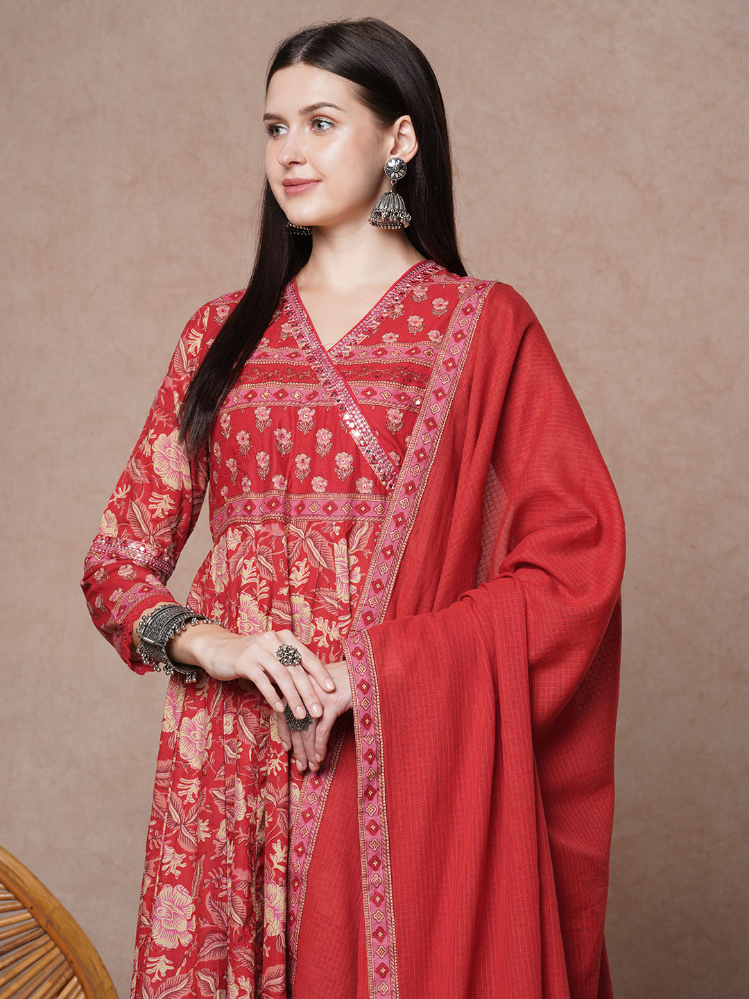 Ethnic Floral Printed & Embroidered Anarkali & Kurta with Pant & Dupatta - Red