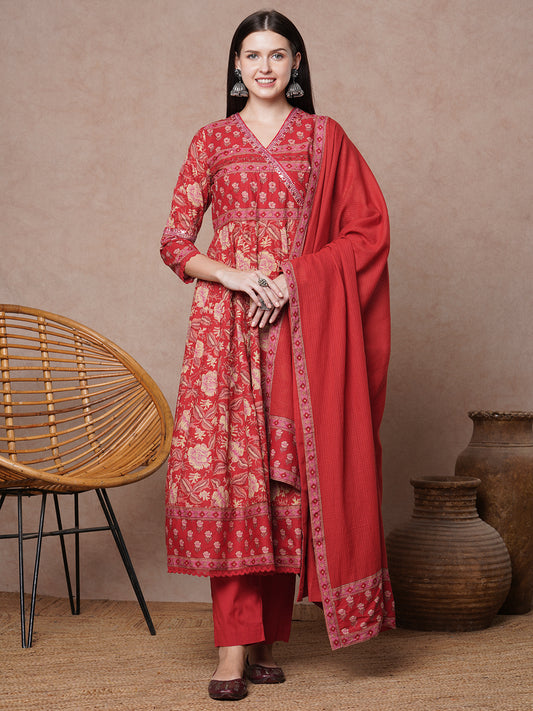 Ethnic Floral Printed & Embroidered Anarkali & Kurta with Pant & Dupatta - Red