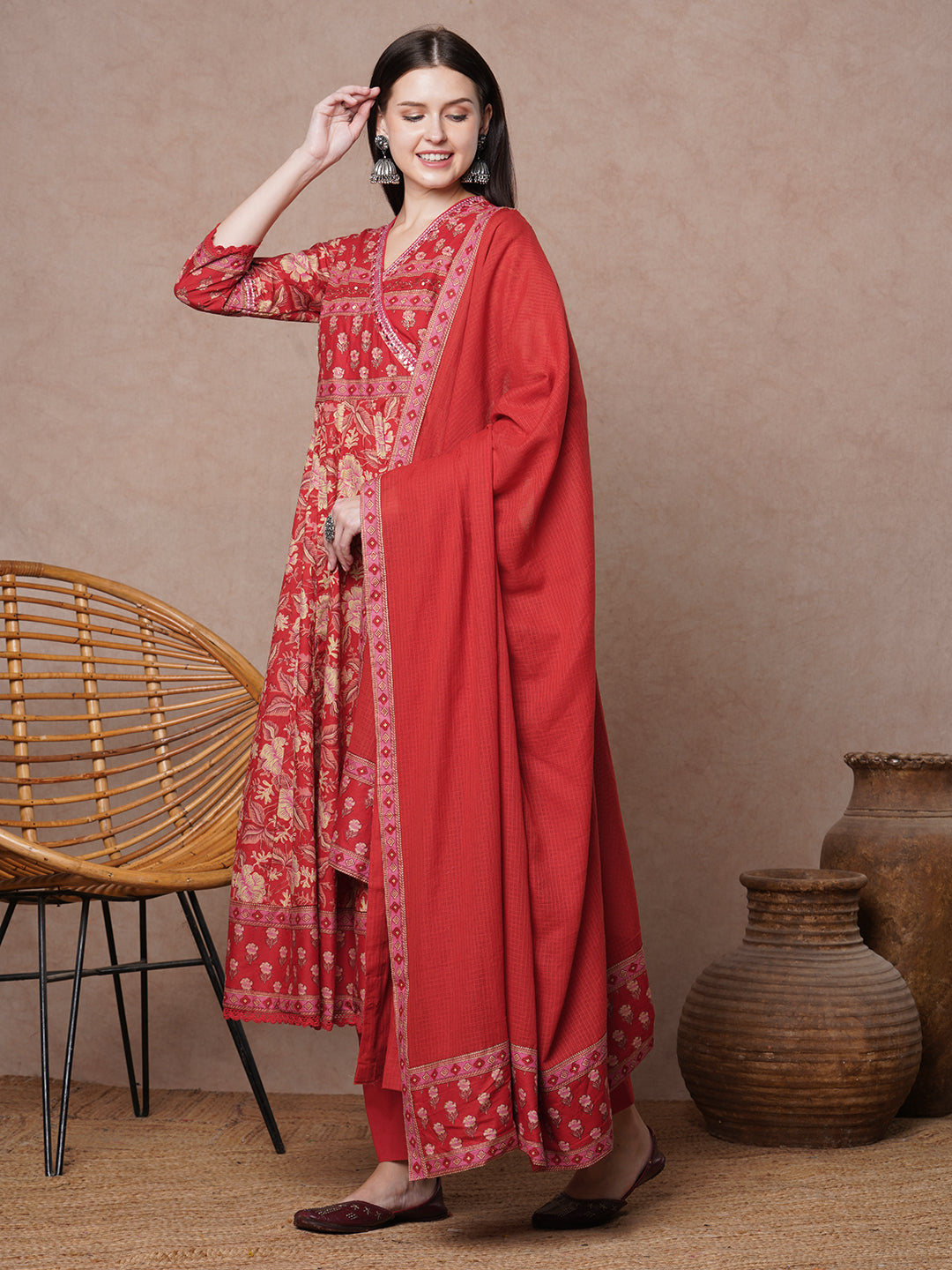 Ethnic Floral Printed & Embroidered Anarkali & Kurta with Pant & Dupatta - Red