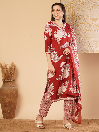 Abstract Floral Printed & Embroidered Straight Kurta with Palazzo & Dupatta - Red