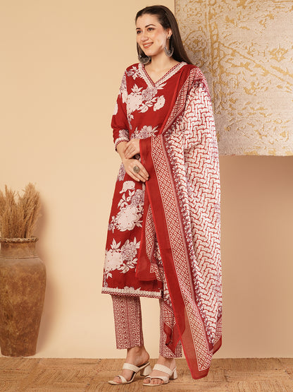 Abstract Floral Printed & Embroidered Straight Kurta with Palazzo & Dupatta - Red