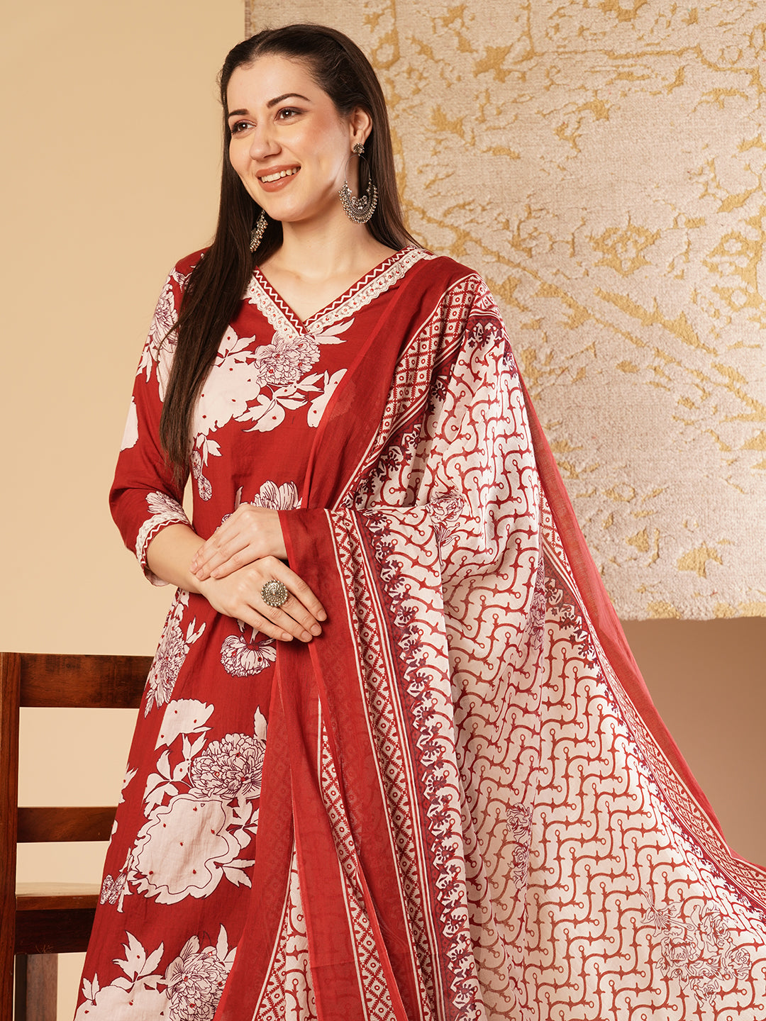 Abstract Floral Printed & Embroidered Straight Kurta with Palazzo & Dupatta - Red