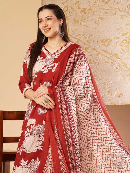 Abstract Floral Printed & Embroidered Straight Kurta with Palazzo & Dupatta - Red