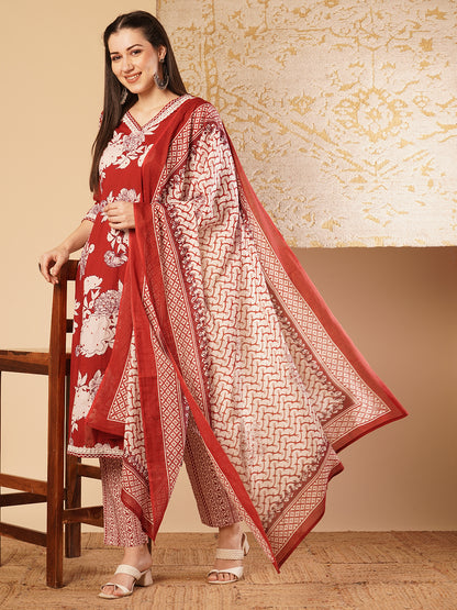 Abstract Floral Printed & Embroidered Straight Kurta with Palazzo & Dupatta - Red