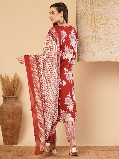 Abstract Floral Printed & Embroidered Straight Kurta with Palazzo & Dupatta - Red