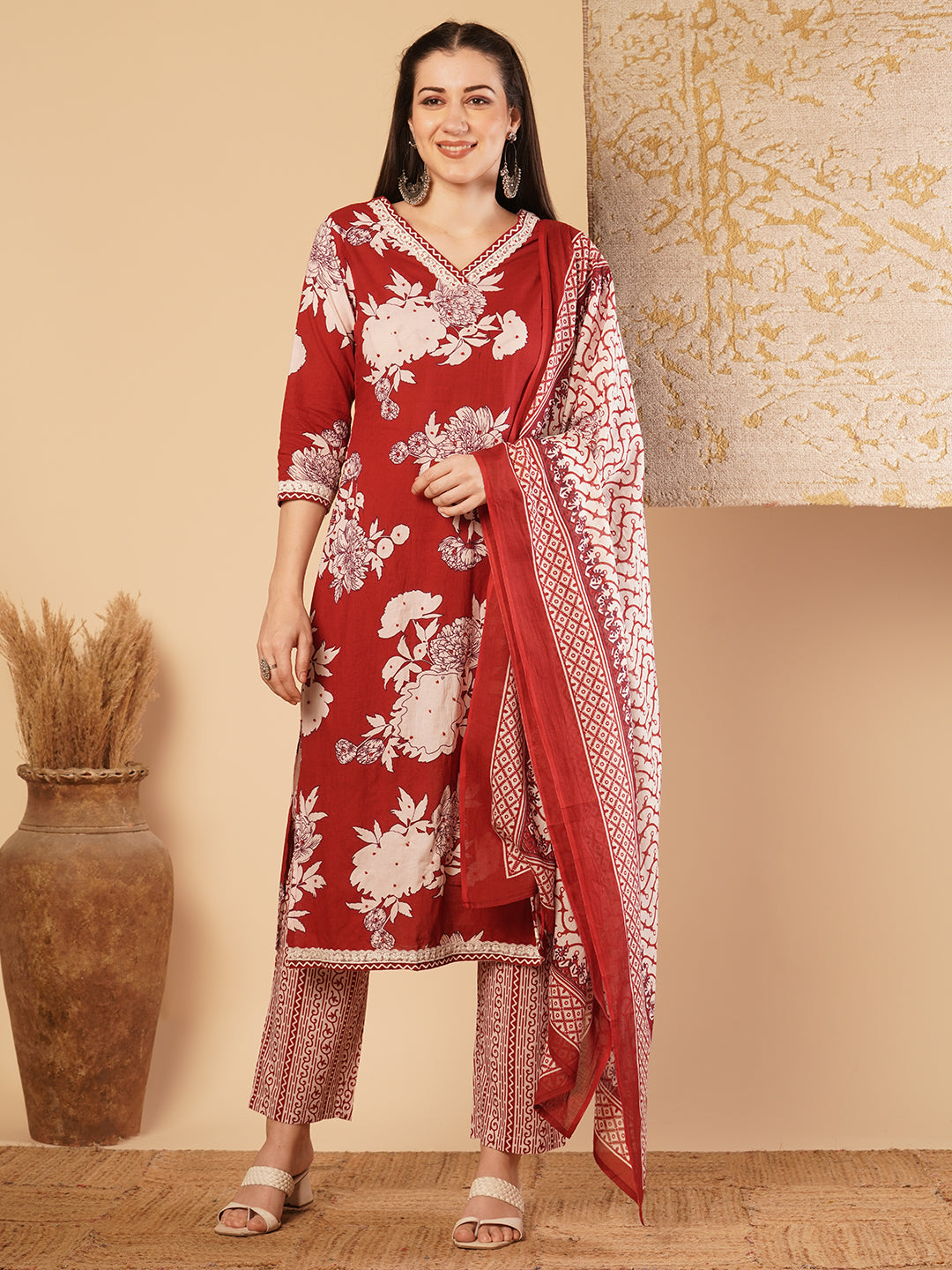 Abstract Floral Printed & Embroidered Straight Kurta with Palazzo & Dupatta - Red