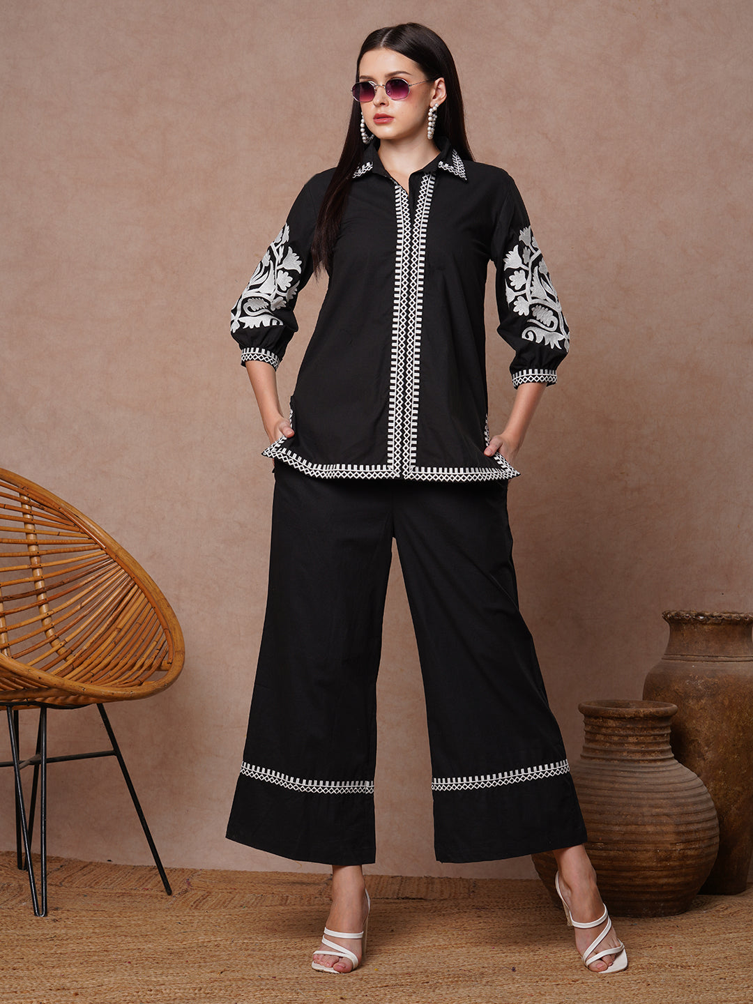 Solid Ethnic Floral Thread Embroidered Straight Fit Co-ord Set - Black