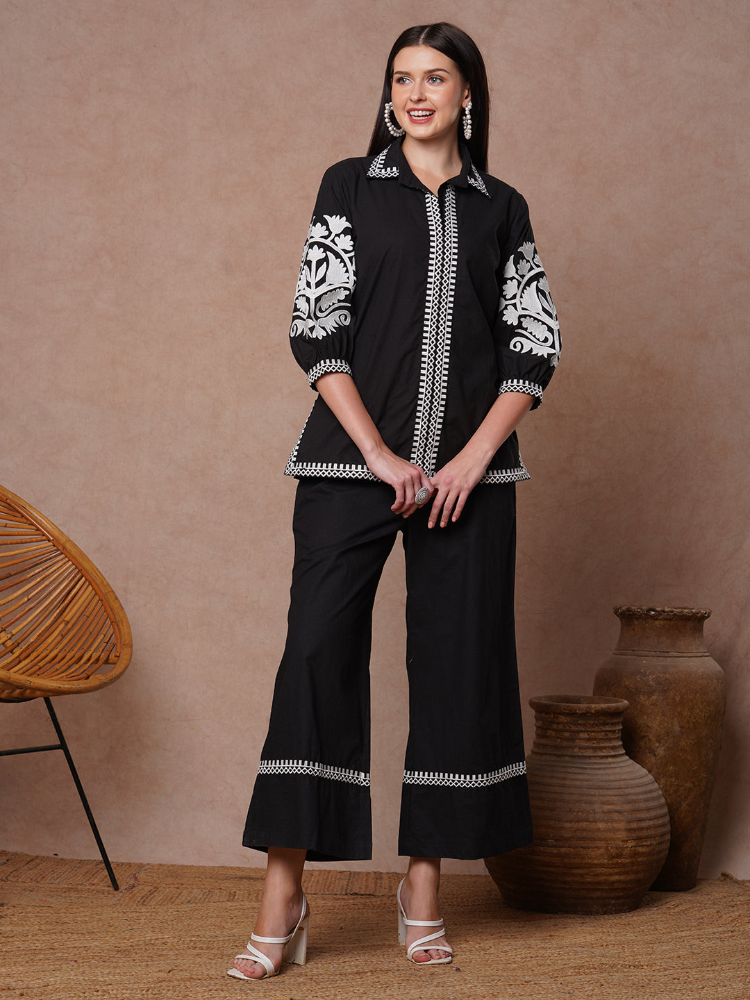 Solid Ethnic Floral Thread Embroidered Straight Fit Co-ord Set - Black