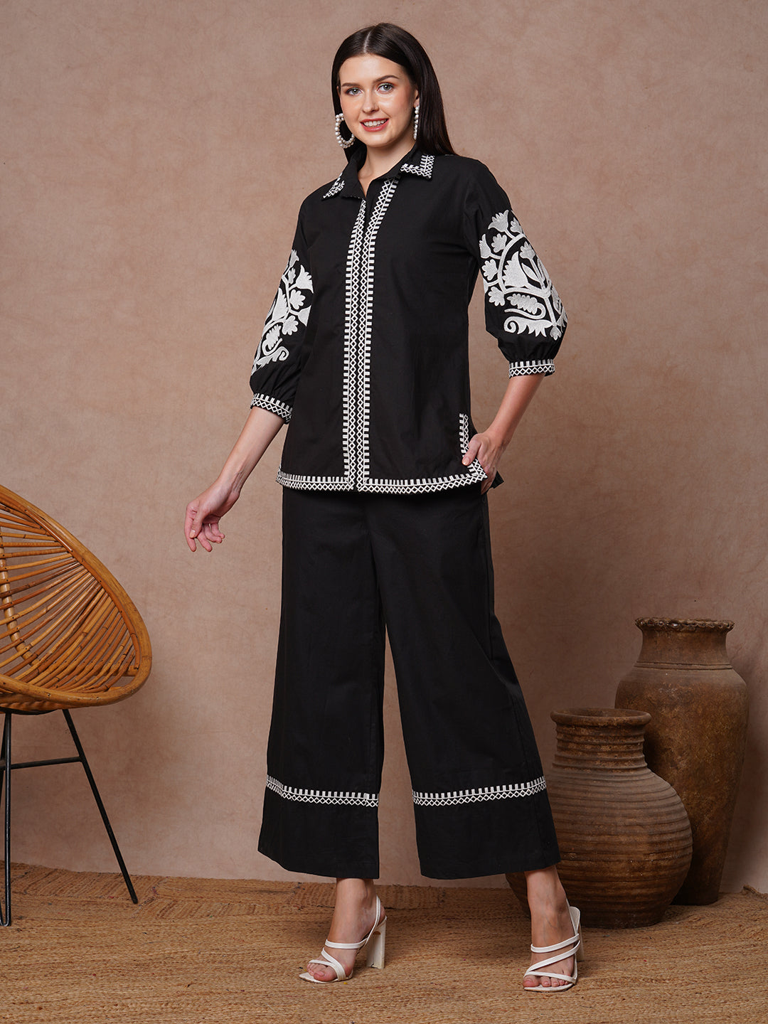 Solid Ethnic Floral Thread Embroidered Straight Fit Co-ord Set - Black