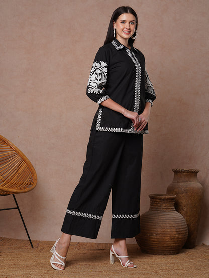 Solid Ethnic Floral Thread Embroidered Straight Fit Co-ord Set - Black
