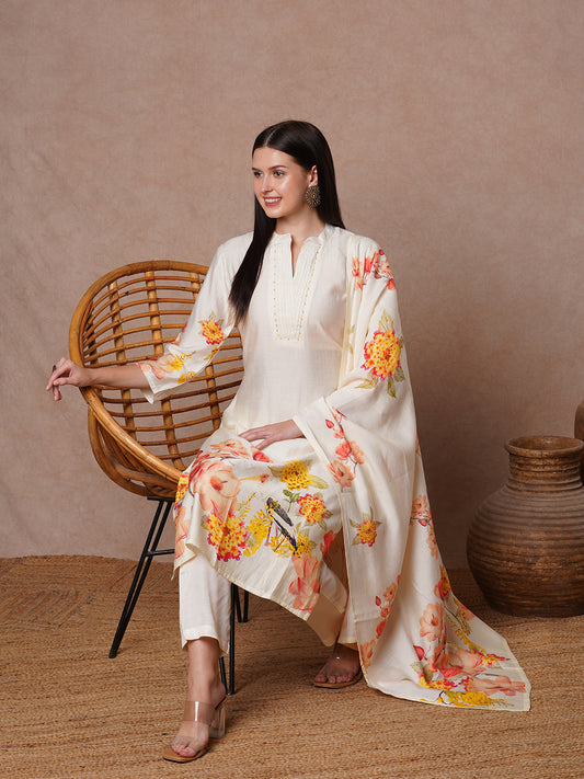 Floral Printed & Embroidered Straight Kurta with Pant & Dupatta - White