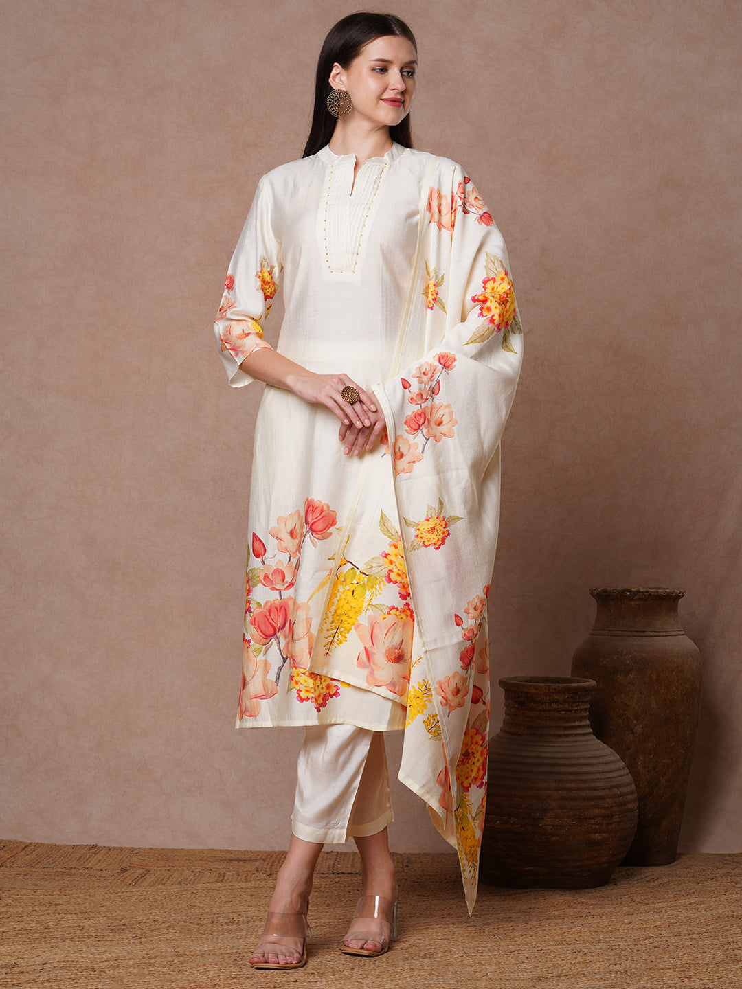 Floral Printed & Embroidered Straight Kurta with Pant & Dupatta - White