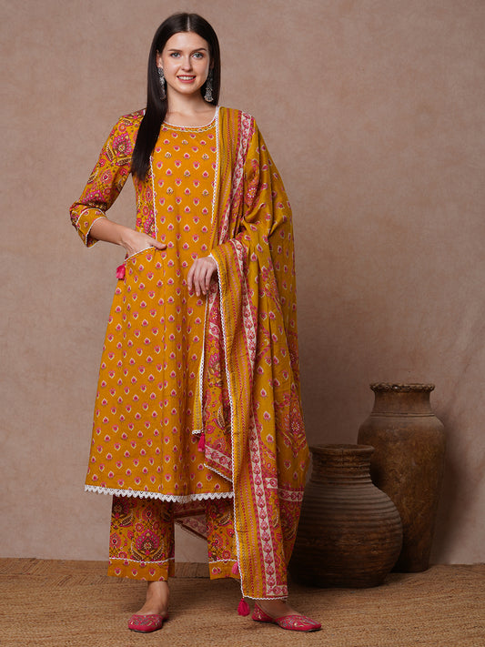 Ornamental Printed & Embroidered A-Line Paneled Kurta with Pant & Dupatta - Mustard