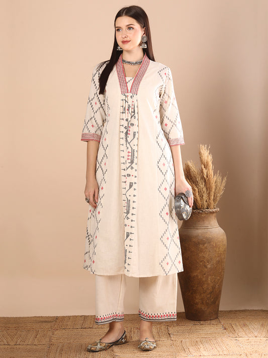 Ethnic Printed A-Line Paneled Kurta with Palazzo - Off White