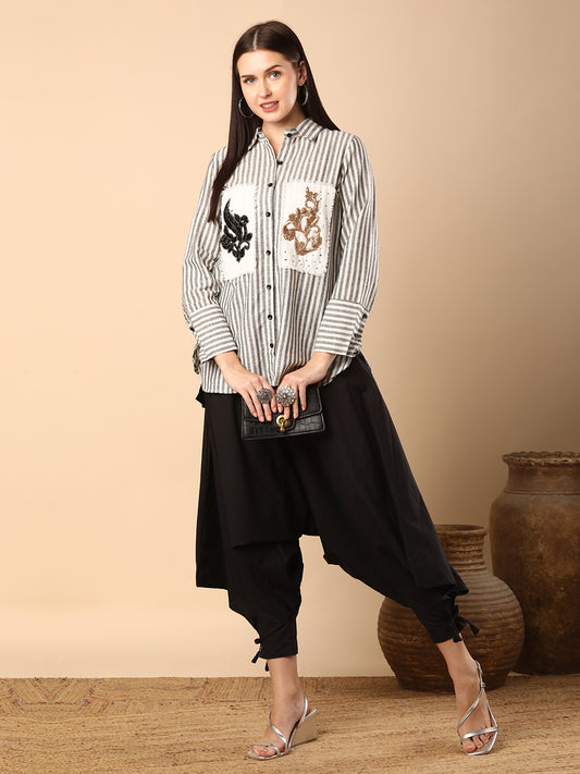 Geometric Stripes Woven Embroidered Straight Fit & Shirt with Dhoti Pant - Multi