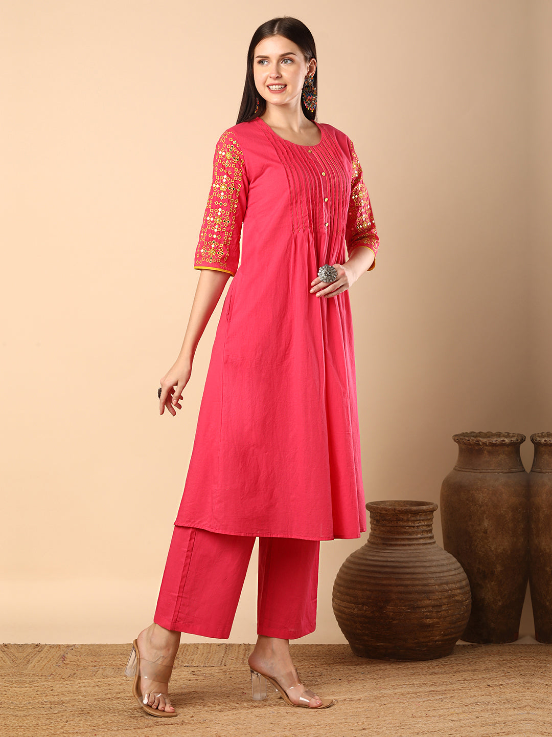 Solid Pin Tucked & Geometric Floral Embroidered A-Line Pleated Co-ord Set - Pink