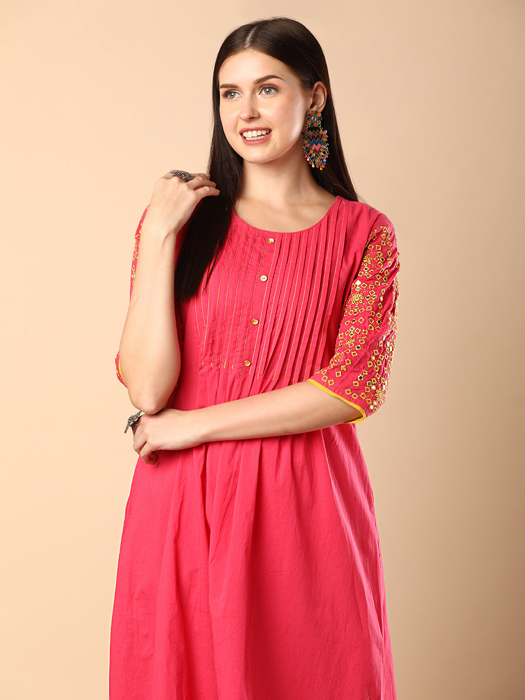 Solid Pin Tucked & Geometric Floral Embroidered A-Line Pleated Co-ord Set - Pink