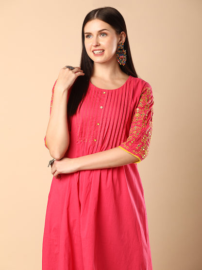 Solid Pin Tucked & Geometric Floral Embroidered A-Line Pleated Co-ord Set - Pink