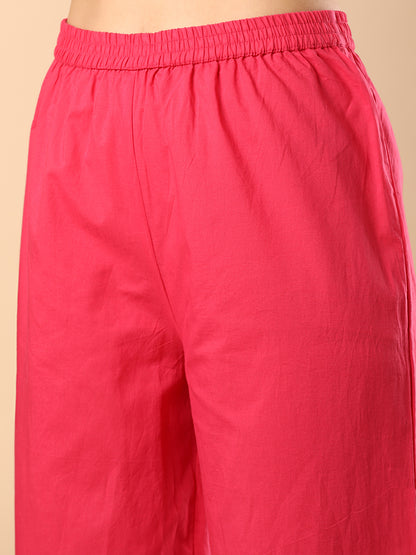 Solid Pin Tucked & Geometric Floral Embroidered A-Line Pleated Co-ord Set - Pink