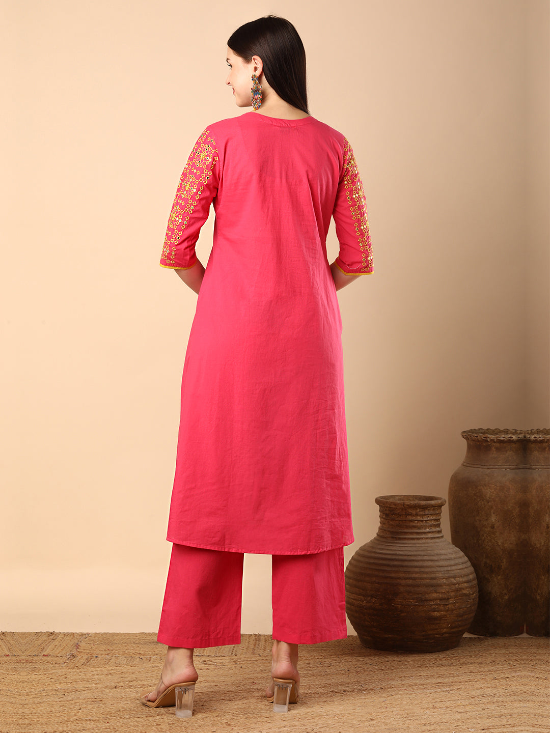 Solid Pin Tucked & Geometric Floral Embroidered A-Line Pleated Co-ord Set - Pink