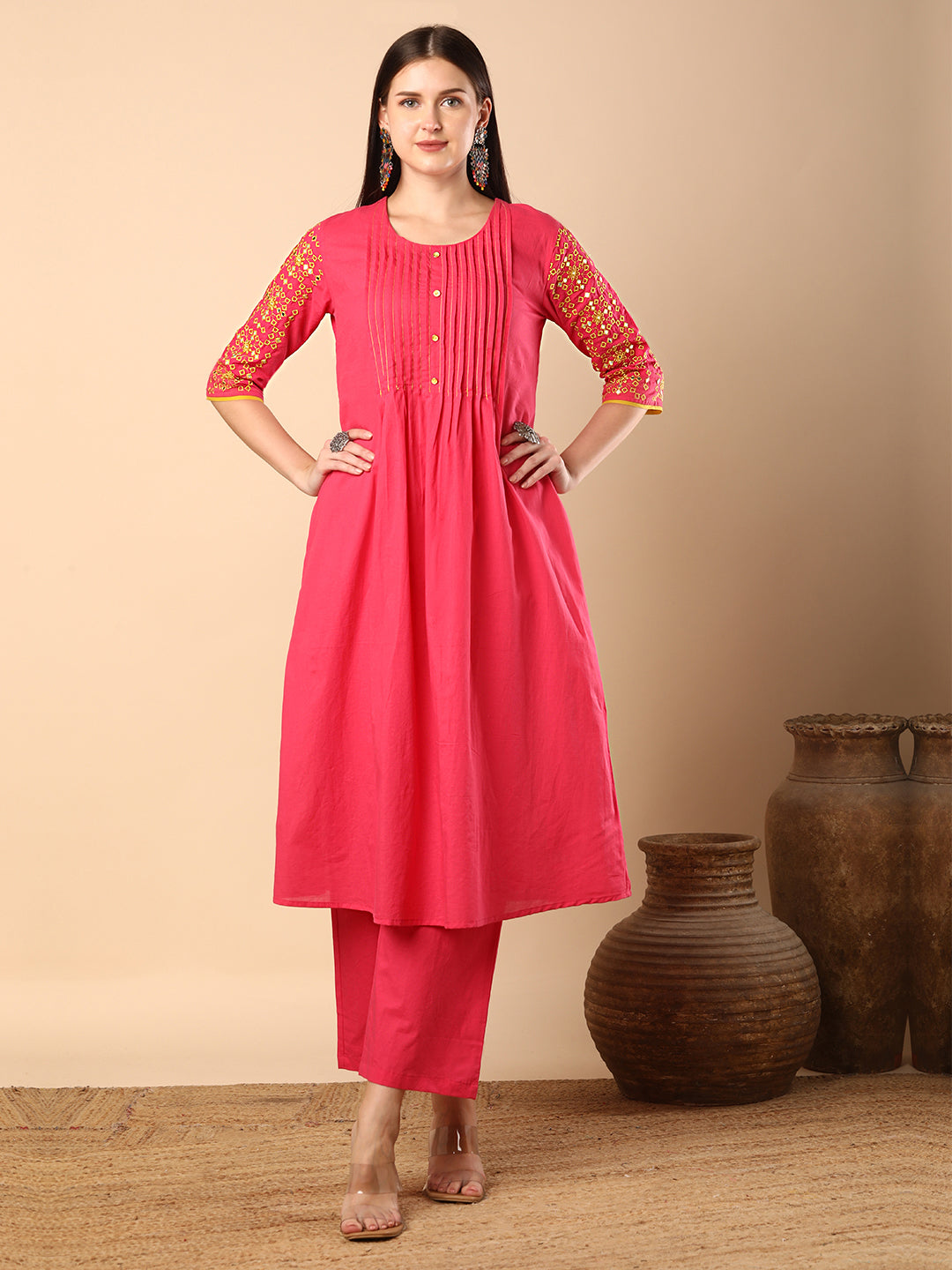 Solid Pin Tucked & Geometric Floral Embroidered A-Line Pleated Co-ord Set - Pink