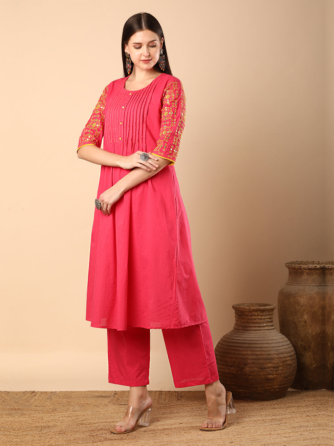 Solid Pin Tucked & Geometric Floral Embroidered A-Line Pleated Co-ord Set - Pink