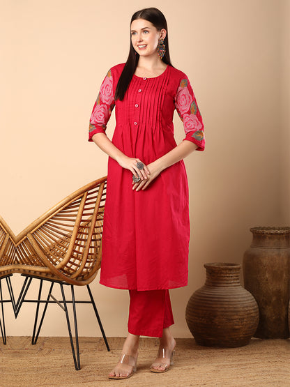 Solid Geometric Floral Cross Stitich Embroidered A-Line Pleated Co-ord Set - Pink