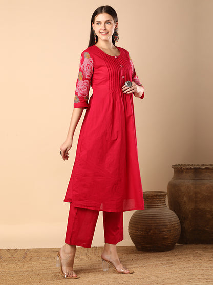 Solid Geometric Floral Cross Stitich Embroidered A-Line Pleated Co-ord Set - Pink