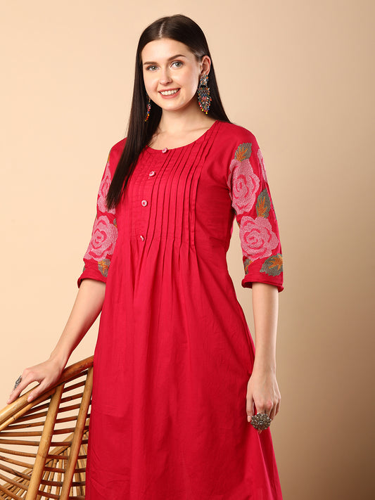 Solid Geometric Floral Cross Stitich Embroidered A-Line Pleated Co-ord Set - Pink