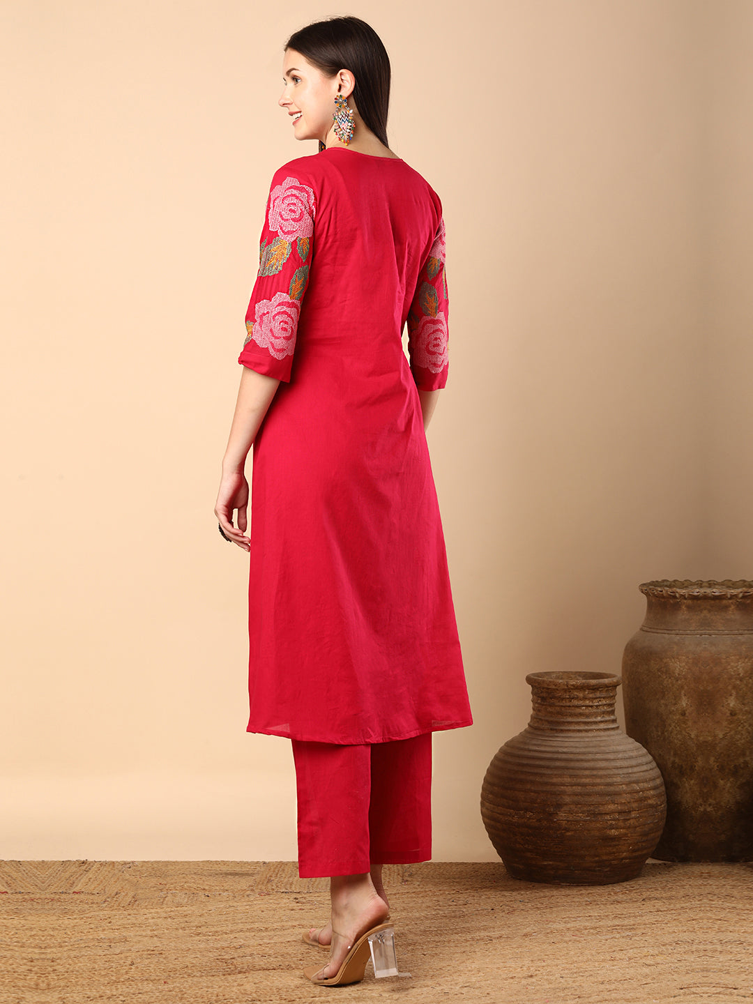 Solid Geometric Floral Cross Stitich Embroidered A-Line Pleated Co-ord Set - Pink