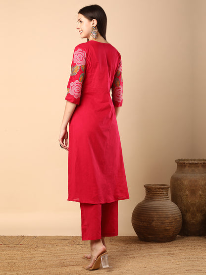 Solid Geometric Floral Cross Stitich Embroidered A-Line Pleated Co-ord Set - Pink