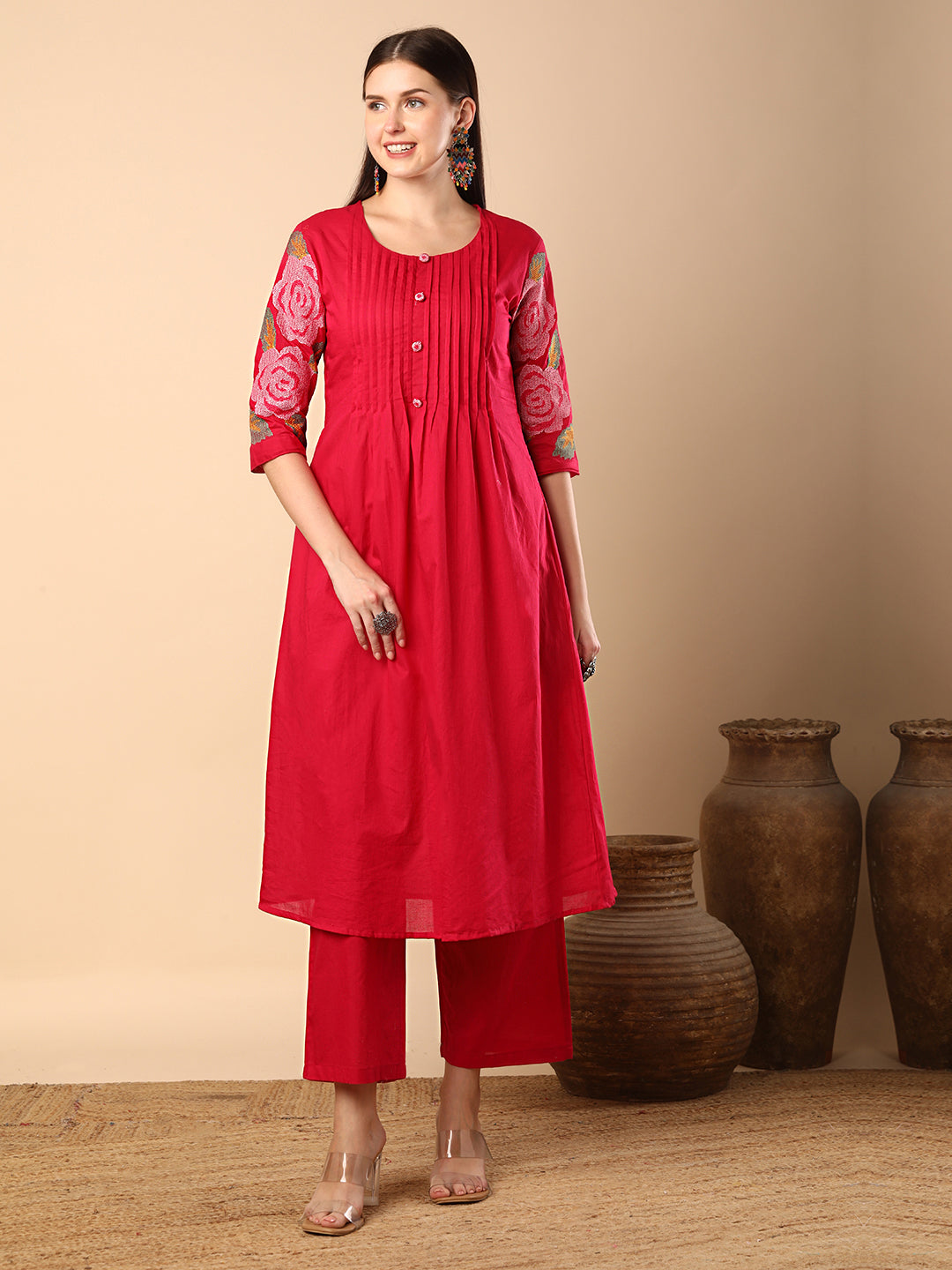 Solid Geometric Floral Cross Stitich Embroidered A-Line Pleated Co-ord Set - Pink