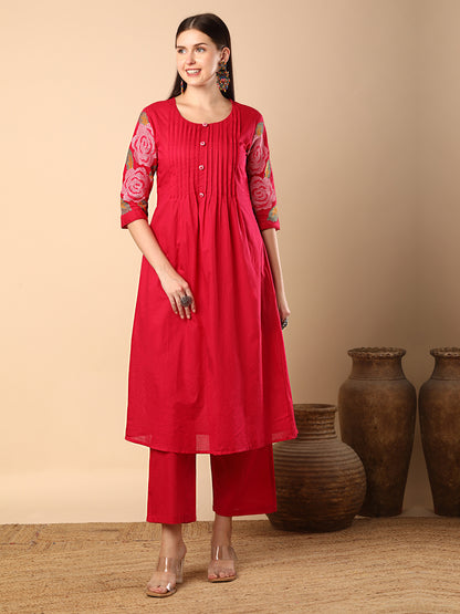 Solid Geometric Floral Cross Stitich Embroidered A-Line Pleated Co-ord Set - Pink