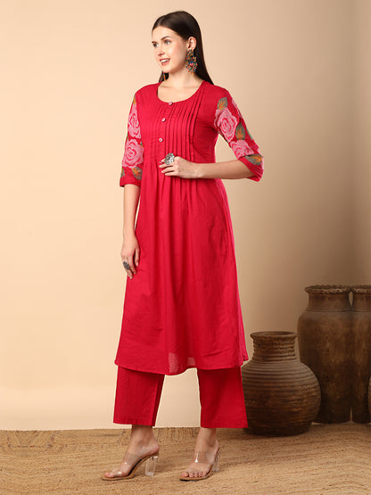 Solid Geometric Floral Cross Stitich Embroidered A-Line Pleated Co-ord Set - Pink